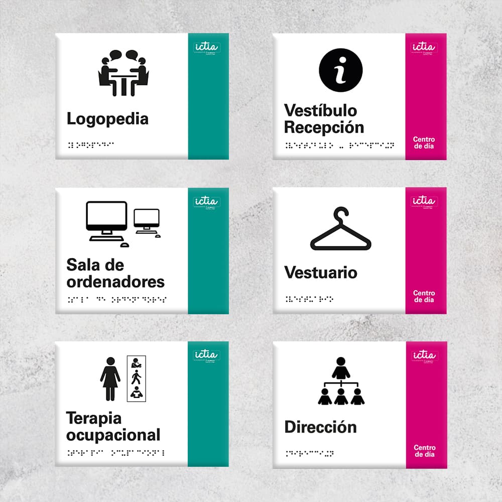 Señalización con braille y altorrelieve en dibond para centro social en Valladolid
