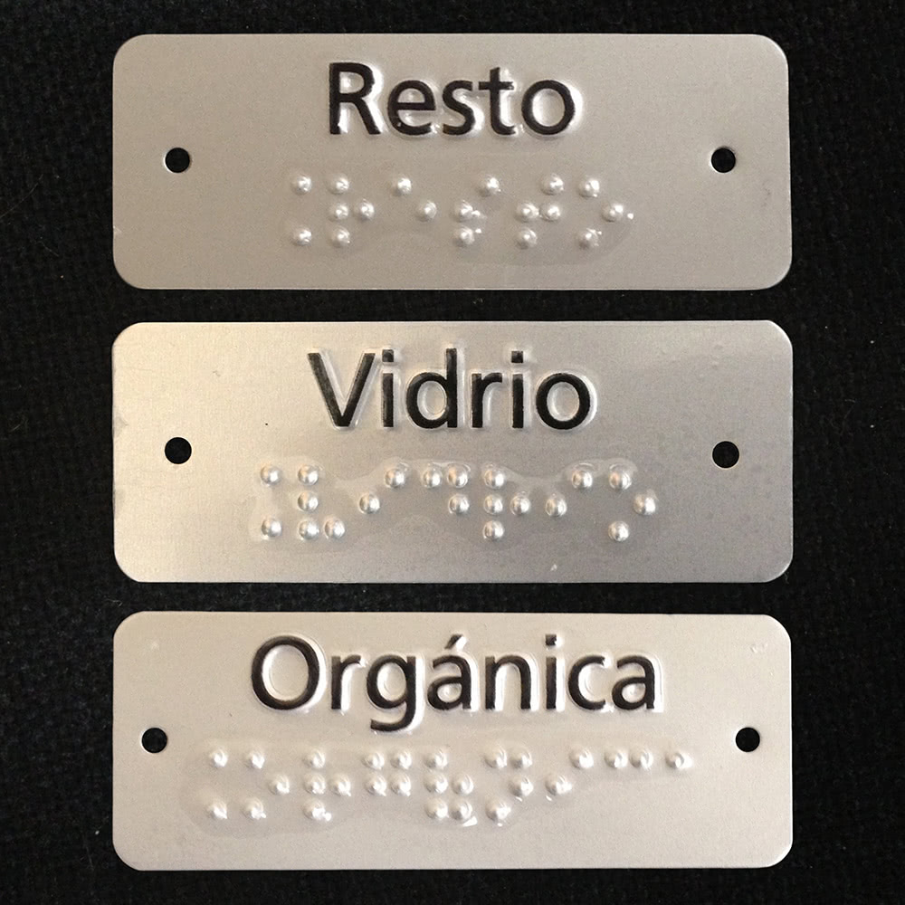 Etiqueta en aluminio con altorrelieve y braille para contenedores y cubos de reciclaje